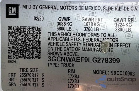 2020 Chevrolet Silverado C1500 из США, поврежденный, VIN 3GCNWAEF9LG278399